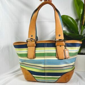 COACH Y2K Striped Hampton Mini Tote Vachetta and Canvas Silver Hardware